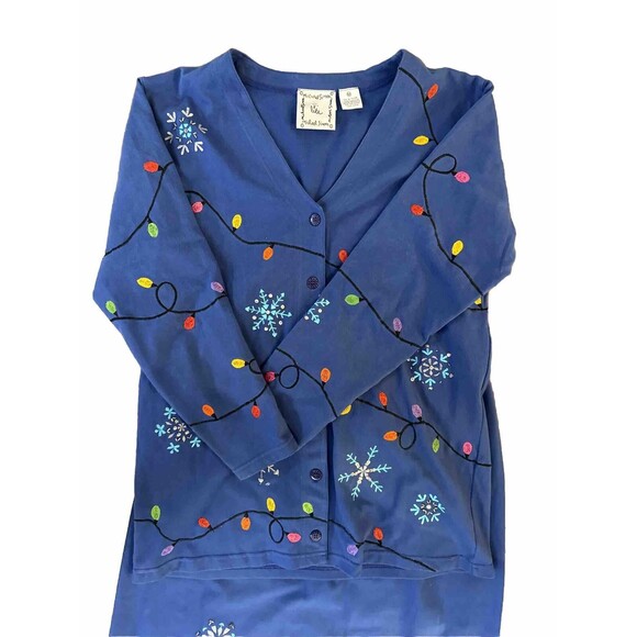 Vtg MICHAEL SIMON Lite Blue Christmas Snowflakes Lights Cardigan & Skirt MEDIUM - Picture 3 of 10